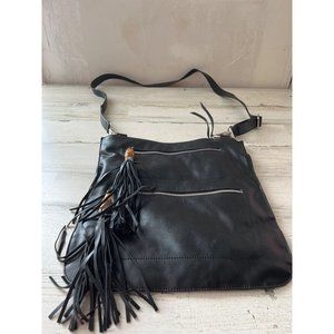 Sorial New York large adjustable strap black shoulder bag with zippers on front.